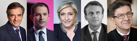 François Fillon (Les Républicains), Benoît Hamon (Parti socialiste), MarIne le Pen (Front National), Emmanuel Macron (En Marche !), Jean-Luc Mélenchon (France Insoumise)

